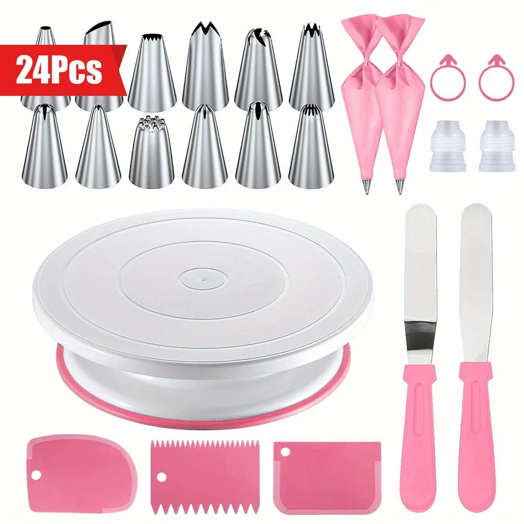 24PCS Cake Decorating Set-Non-Slip Turntable with Piping Tips, Scrapers & Tools for Professional DIY Baking Tools Accessories
