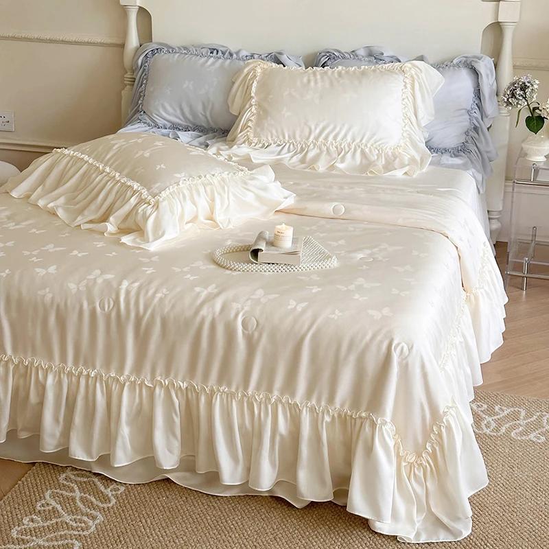 4dílná luxusní francouzská sada přikrývky na dvoulůžko, hedvábné jarní přikrývky, lyocellová ložní souprava, dekorace pokoje, letní přikrývka, chladivá deka