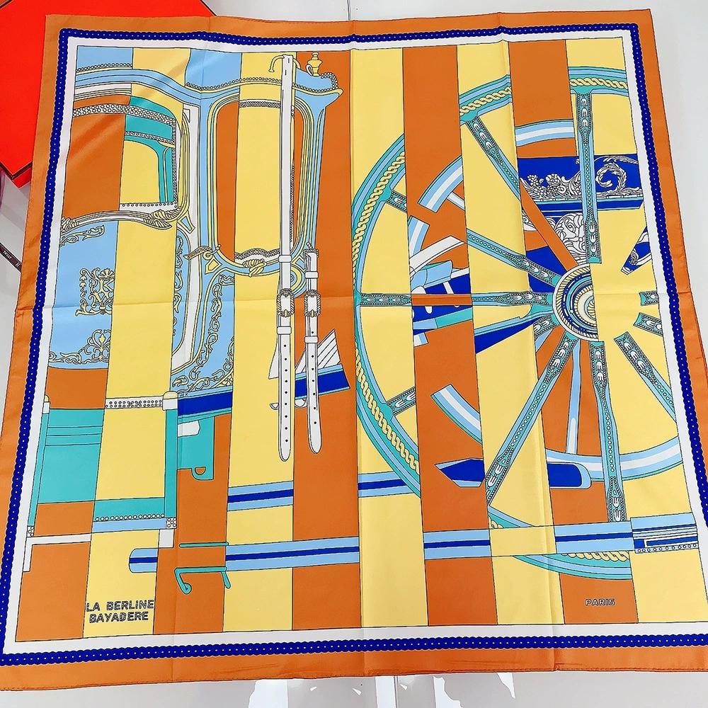 90CM Manual Hand Rolled Twill Silk Scarf Women Square Scarves Luxury Wheel Foulard Wrap Bandana Hijab for Girl Friends
