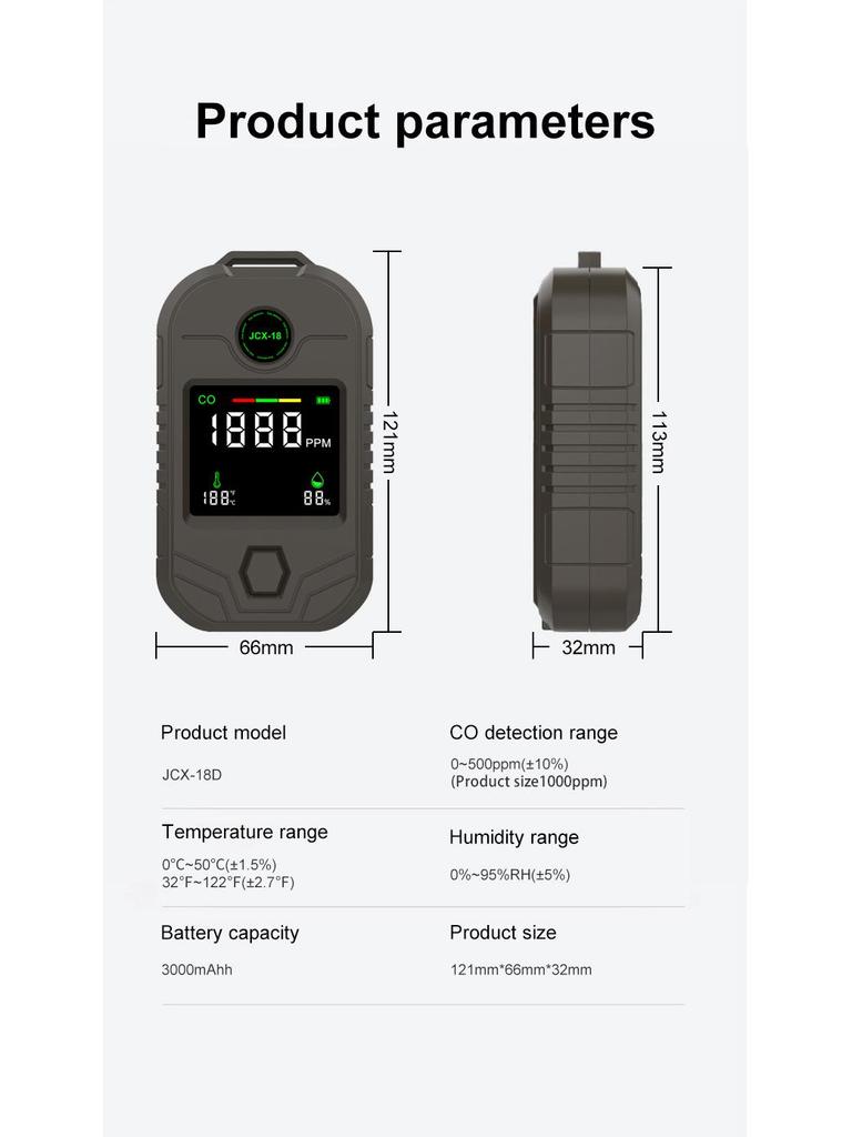 4-in-1 Portable CO Detector: Carbon Monoxide Alarm, Temperature & Humidity Monitor with Flashlight, Long-Lasting Battery