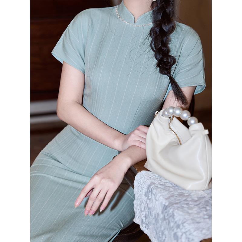 Turquoise improved cheongsam young girl 1011 new simple and elegant literary temperament high-end dress