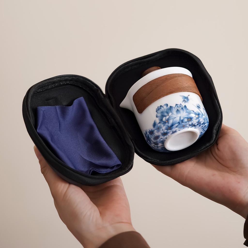 White Porcelain Suet Jade Portable One Pot Two or Three Cups Single Travel Tea Set Outdoor Hand-held Pot Express Customer Cup Butterfly Love Flower