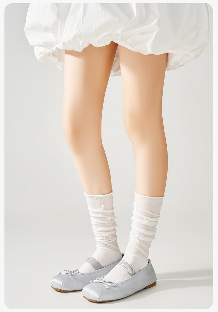 Ladies' Bow Ballet Style Pile Socks Versatile, Breathable, Comfortable, Combed Cotton Calf Socks for Spring and Summer