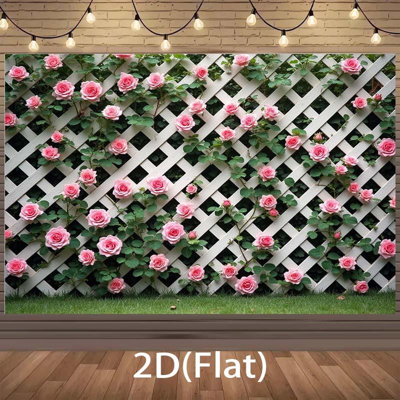 1pc, 2D flat, pink rose climbing white wire mesh fence banner, suitable for birthday celebrations and background banners, wsj