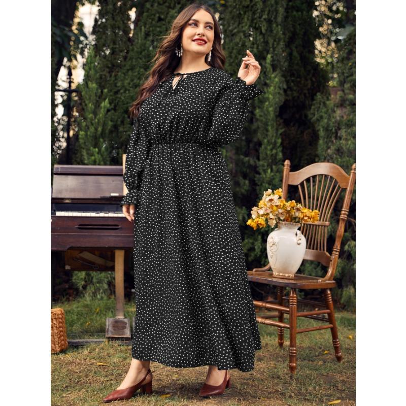 Frühlings- und Herbst-Damenkleid, großes Kleid, gepunktet, lockere Langarm-Kleider