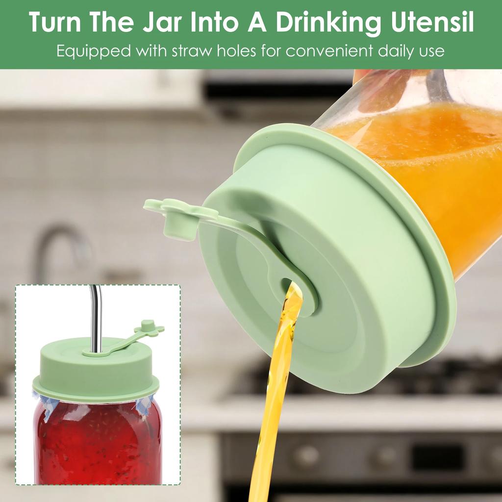 6 Pcs Silicone Mason Jar Lid Leak-proof Silicone Replacement Lid with Straw Hole and Stopper Plug Dual Sided Design Drinking Lid