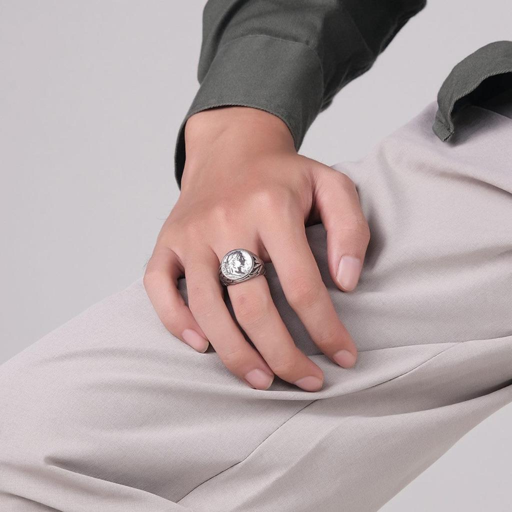 [Magic of Sedona] Caesar Signet Ring, Stainless Steel, Gold Color, US Size 9, Antique, Classic Ring