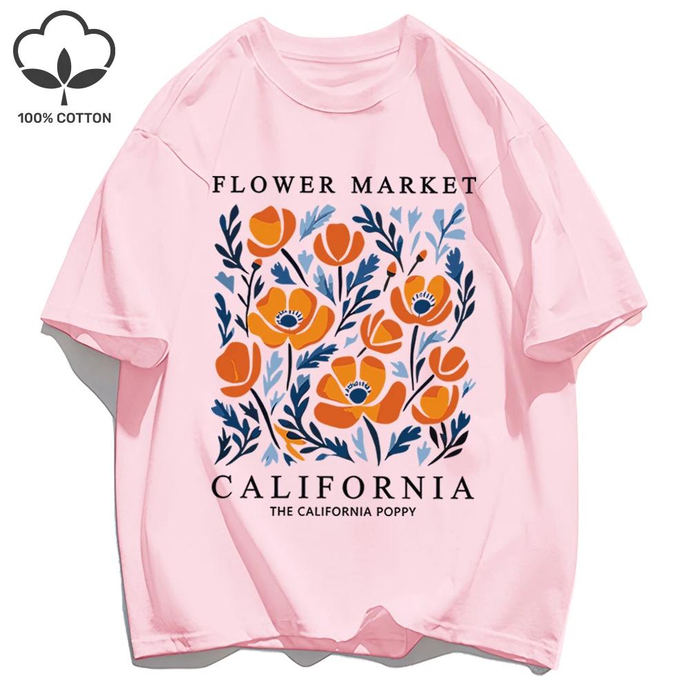 Yellow Flowers Market California Print T-Shirt Woman Soft Cotton Tee Top O-Neck Casual T Shirt Crewneck Sports Short Sleeve