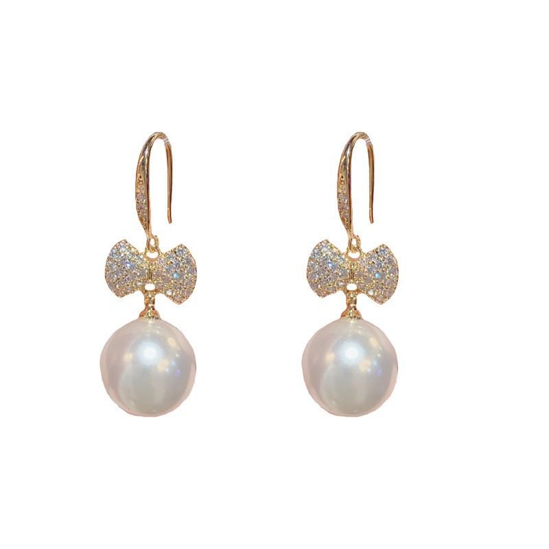 Delicate Fashion Sparkling Micro Inlaid Zircon Bow Pearl Hook Earrings For Women