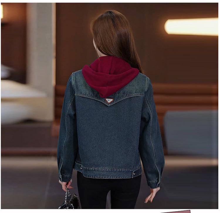 Women's Thick Velvet Hooded Denim Jacket - Autumn/Winter 2025 Chic Casual Top