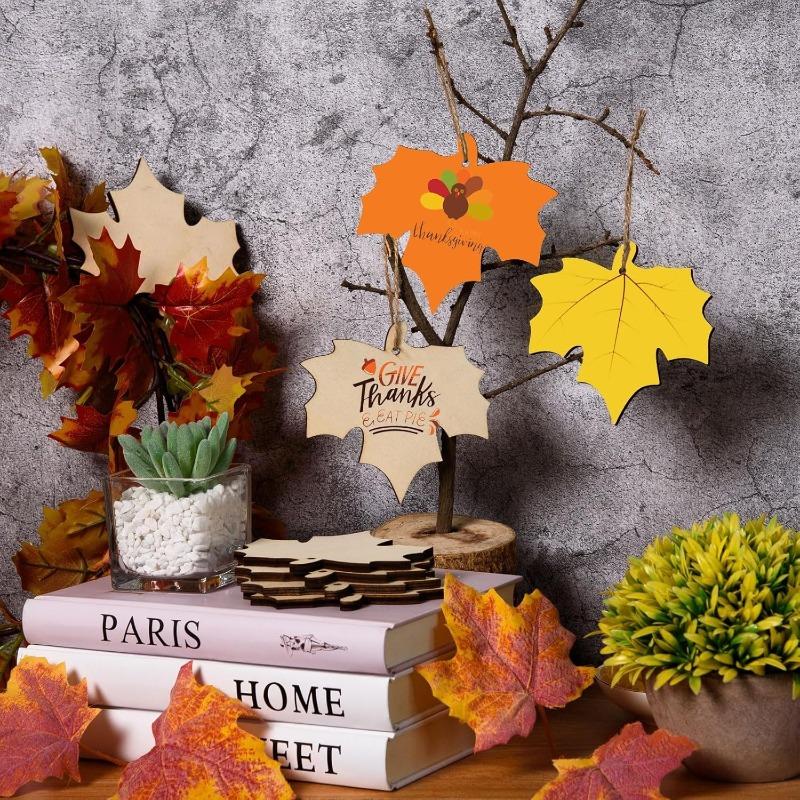 10pcs Unfinished Fall Leaf Wooden Ornaments Wooden Maple Leaf Cutouts for DIY Craft Tags Autumn Harvest Thanksgiving Decor