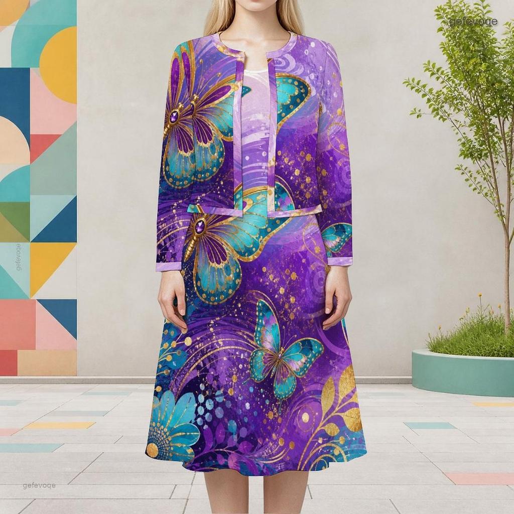 Women Plus Size Black Printed Two Piece Dress Set Round Neck Long Sleeve Cardigan Sleeveless Long Dress
