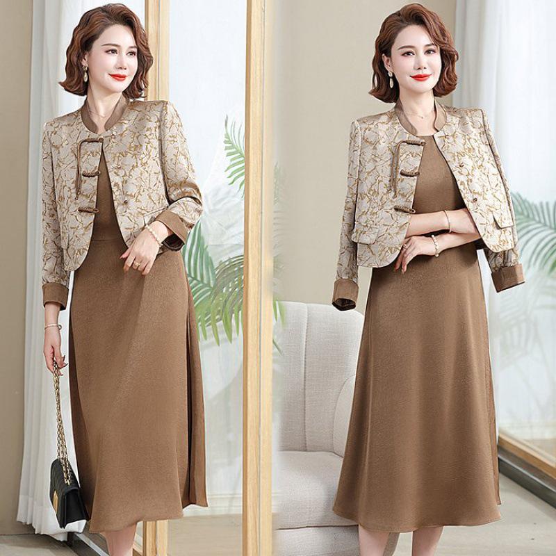 Elegant Spring & Summer Medium-Length Dress Suit: Women's Short Coat with Two-Piece Set for Middle-Aged & Elderly