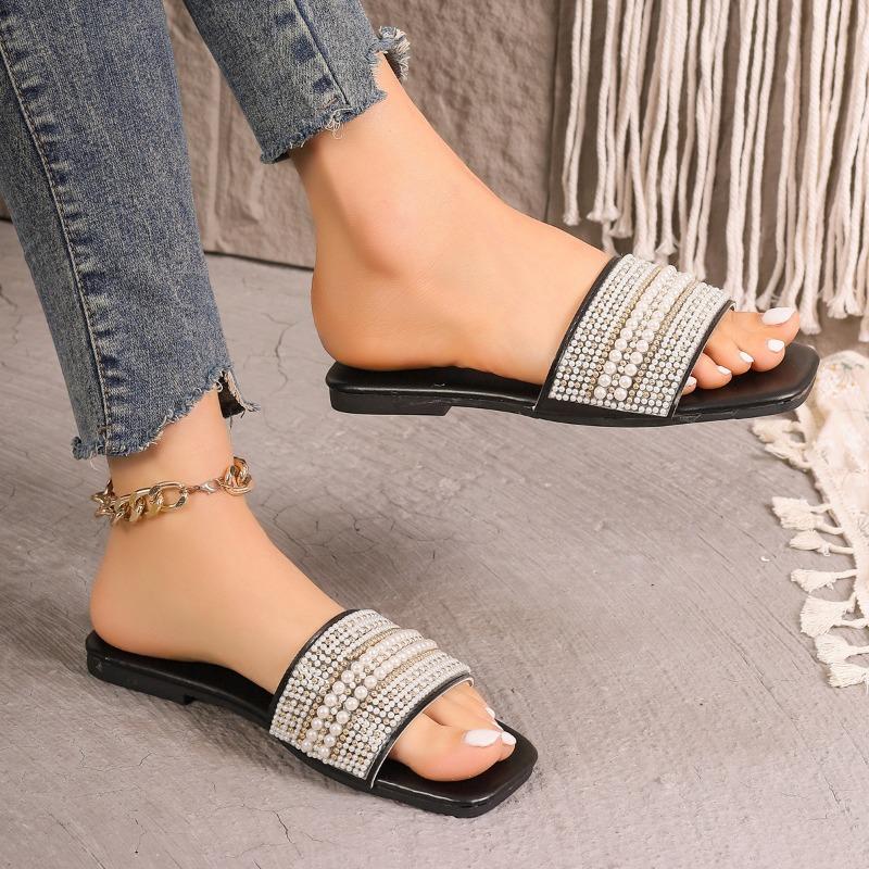 Plus Size Women's Korean Style Solid Color Square Toe One Strap Rhinestone Flat Slip on Slide Sandals