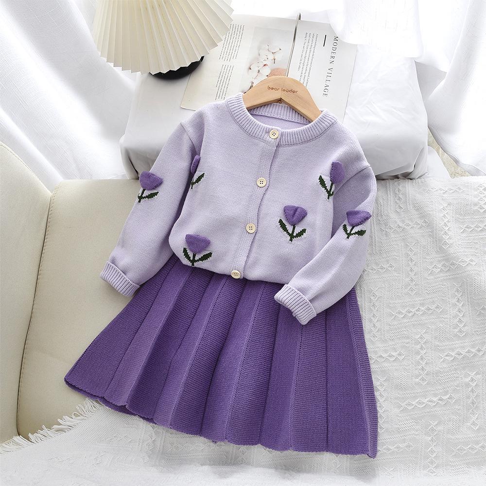 Mädchen Strickpullover & Kleid Set mit Fliegenärmeln - Koreanischer Stil, Frühling/Herbst Mode, Zweiteiler für kleine & mittlere Kinder