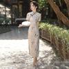 Elegant Modern Chinese Style Long Cheongsam Dress Women Semi-High Neck Three-Quarter Sleeve Retro Floral Cutwork Fabric