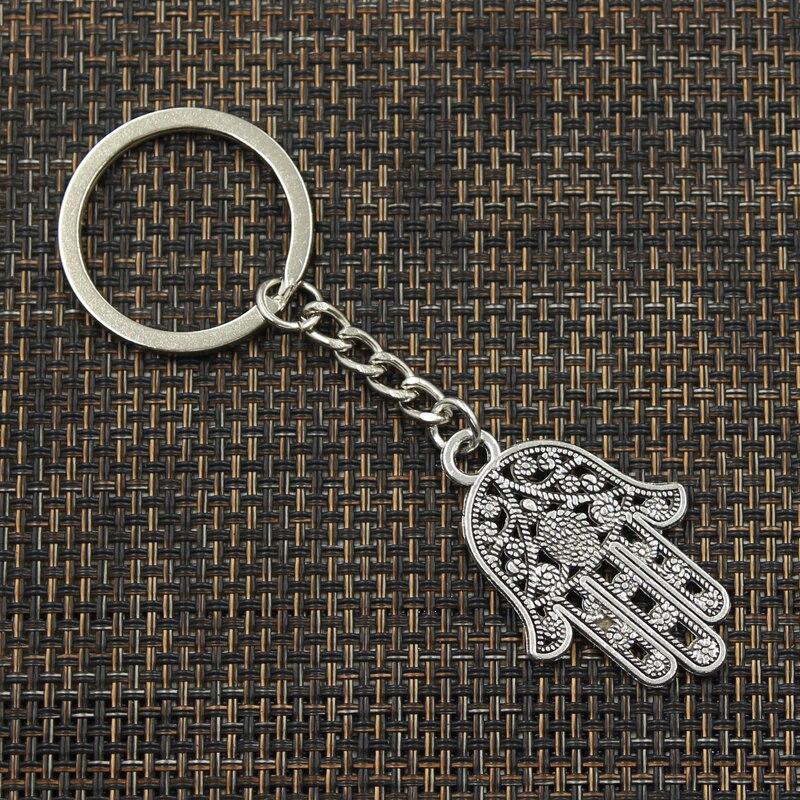 Fashion 30mm Key Ring Metal Key Chain Keychain Jewelry Antique   Plated Hamsa Palm Hand Protection 42x28mm Pendant