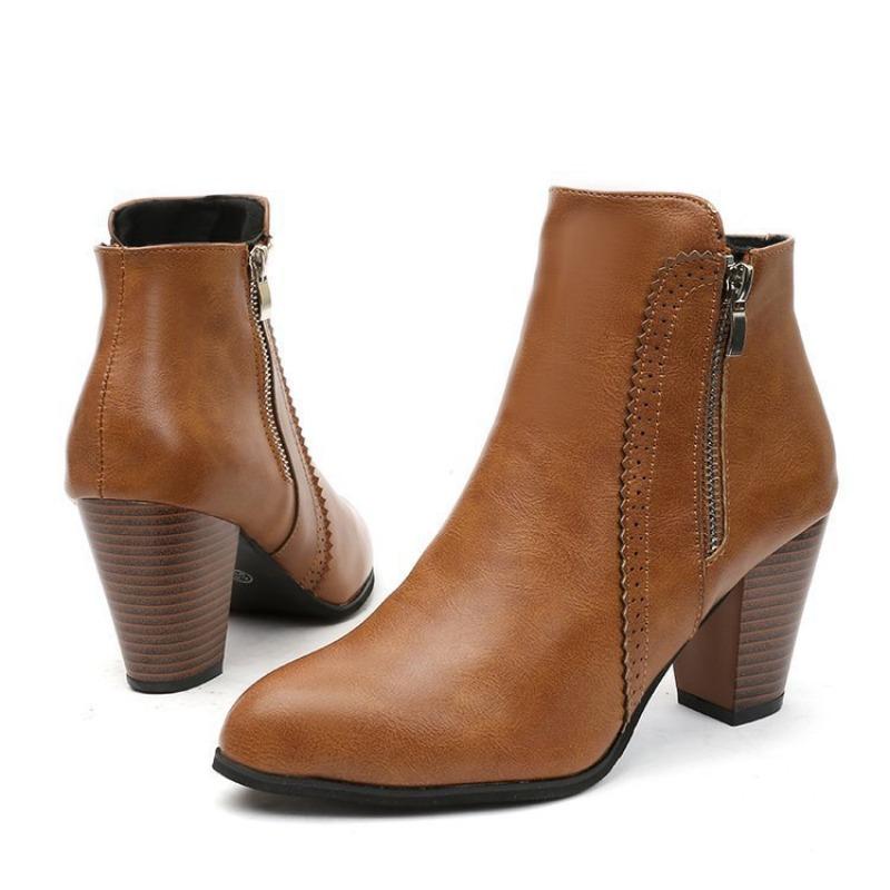 Vintage Leather 8cm Square Heel Side Zipper Short Boots Large Size Thickened Ankle Boots Pointed Toe High-heeled Women Shoes