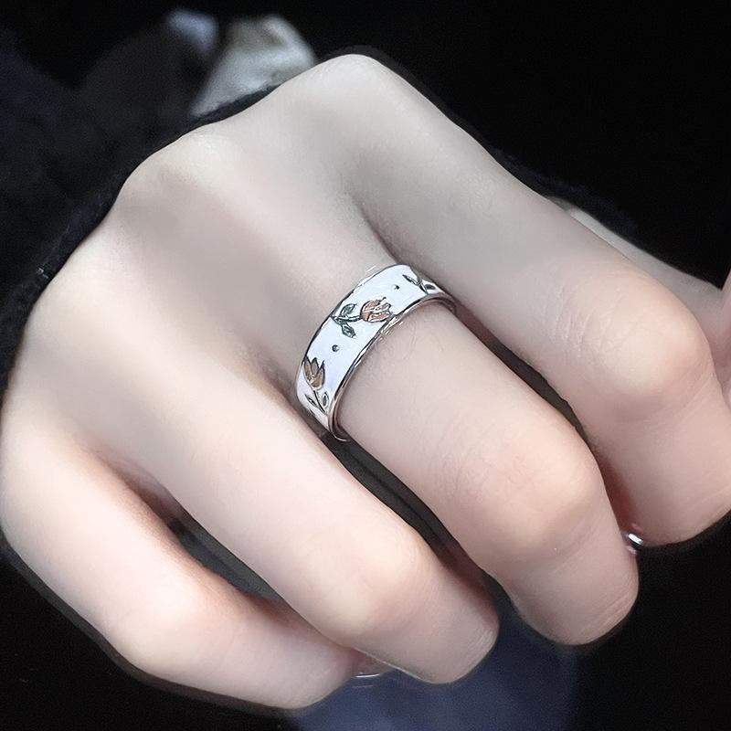 Niche Design High Sense Dark Sweet Moon Rose Personality Fashion Stacking Wearing Retro Letter Open Ring Woman