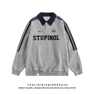 Amerikaanse retro collegiale wafel polotrui sweatshirt dames losse casual koppelkleding gestreept raglanmouw top