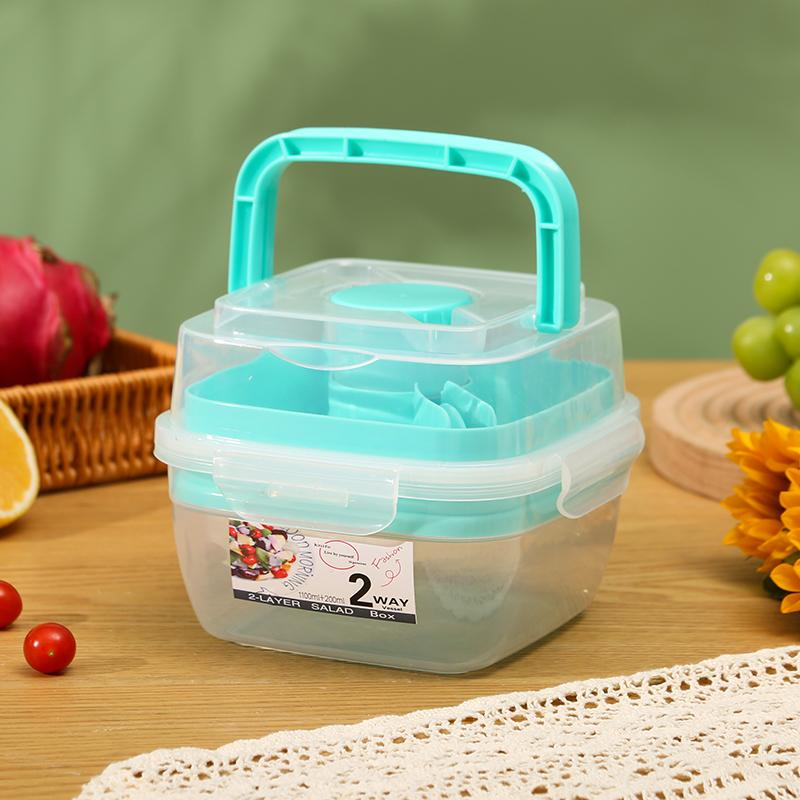 Přenosné 2vrstvé salátové misky s vidličkou 1300ml obědový box, uzavřené nepropustné bento boxy, opakovaně použitelný piknikový box, nádoba na potraviny