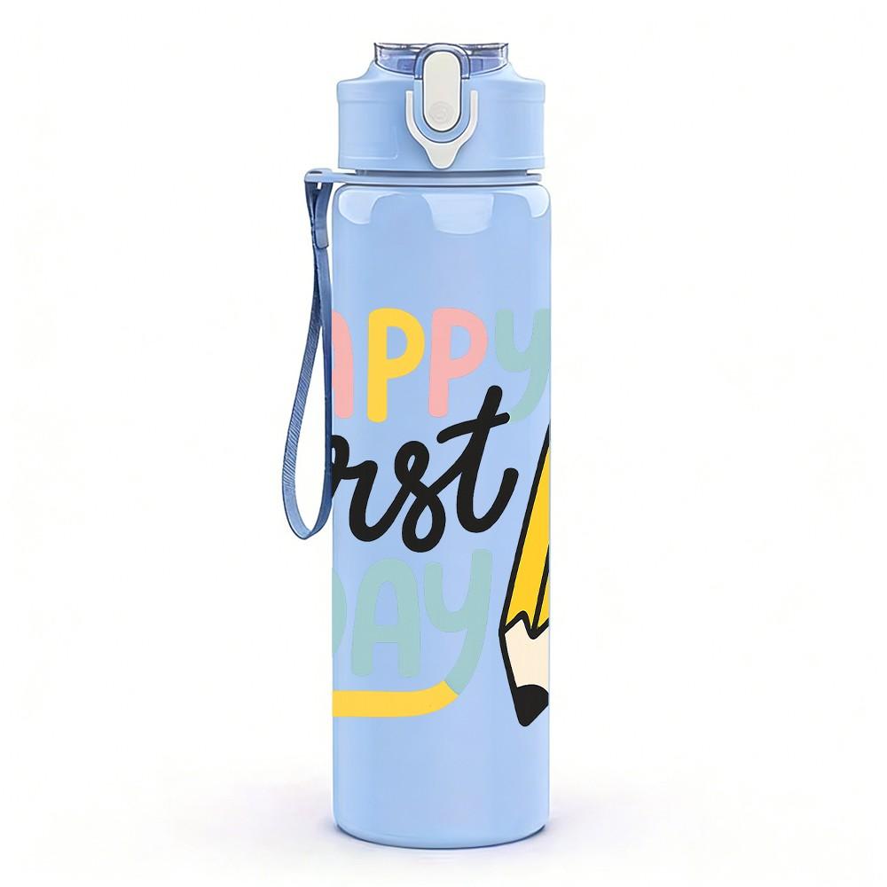 1PC Happy First Day Pencil Pattern 750ml Color Plastic Sports Water Bottle Leakproof Flip Straw Lid Suitable for Sports Office Home Use
