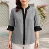 ZANZEA Women Casual V-Neck Loose 3/4 Sleeve Plaid Print Blouse