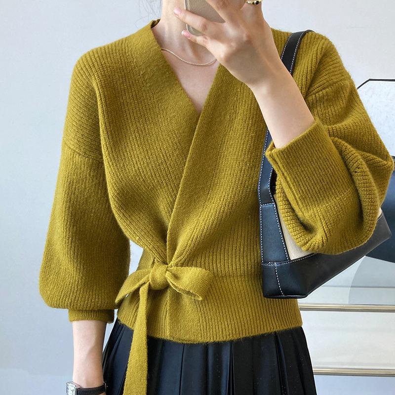 Advanced Sweater Knitwear Women Knitted Cardigan Fall Winter Tie V-neck Sweet Short Long-sleeved Knitted Tops