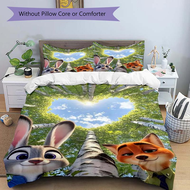 3pcs Zootopia Love Judy and Nick Quilt Cover Set (1 Quilt Cover + 2 Pillowcases Without Pillow Core), High-Definition Printing for Home and Dormi