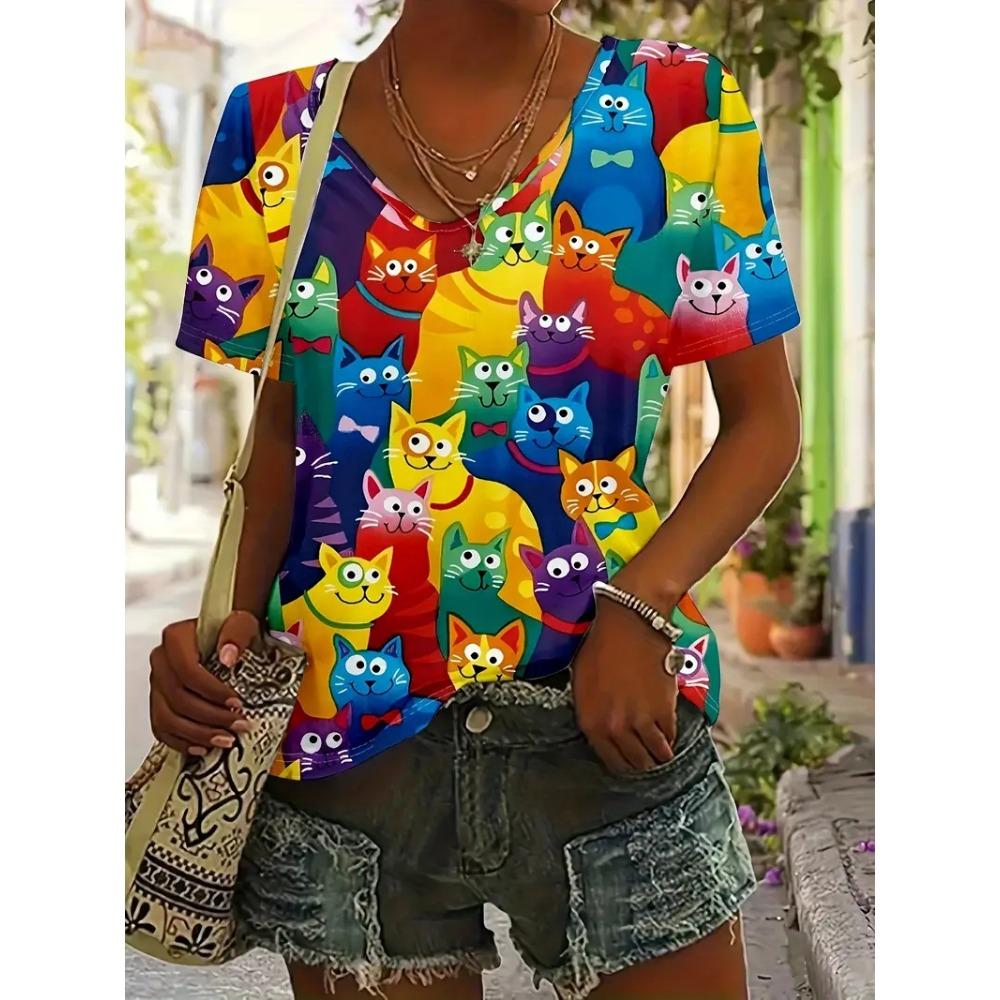 Trendy Summer Cartoon Animal Printing Casual Fashion Short Sleeve Street V-neck Women's OverSize Clothing