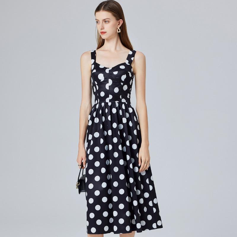 Summer Women Vintage Polka Dot Print Spaghetti Strap Long Midi Party Dresses