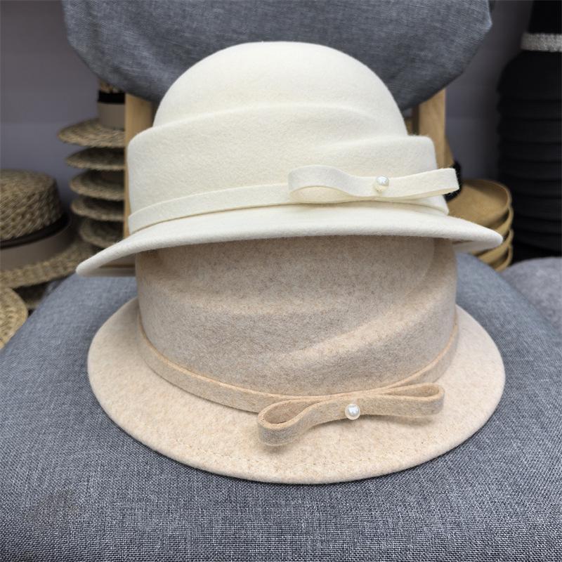 French fragrant Hepburn style wool hat bow curled top hat women's autumn and winter square face basin hat winter British top hat