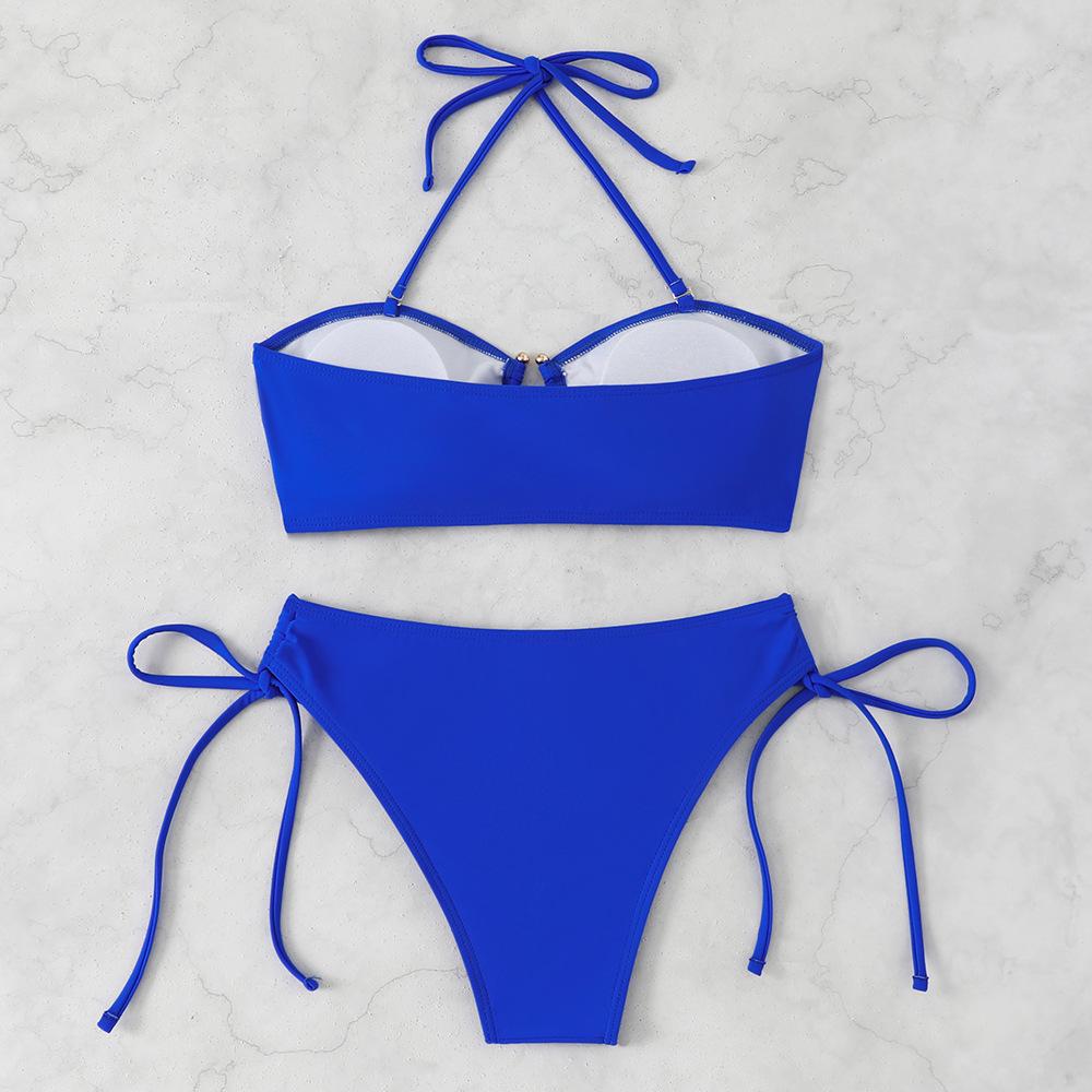 Sexy Bikini-Set mit Kordelzug an der Seite, High Waist, 2026, Damen, Blau Schwarz, Metall V-Bügel, Push-Up-BH, Badeanzug, Strandbadeanzug, Bademode