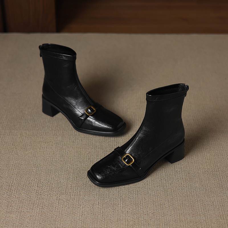 Krazing Pot Microfiber Square Toe Thick Heels Chelsea Boots Size 42 Zip Women Metal Buckle Elastic Ankle Boots