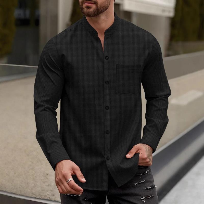 Long Sleeve Shirt Casual Top for Spring and Autumn Solid Color Cardigan Breasted Stand Collar