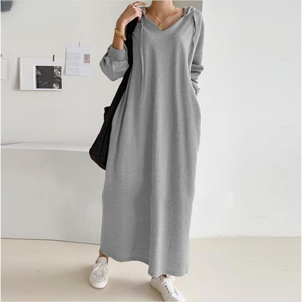 GMXIA Women's Fashion Autumn Winter Solid Color Print Long Sleeve Hooded Casual Dresses Hoodie Dresses