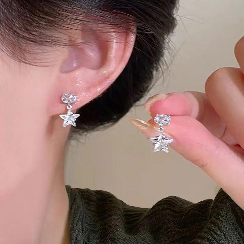 Sweet Temperament Pentagram Zircon Stud Earrings Women's Simple Fashion Exquisite Small Ear Clips No Ear Holes Mosquito Coil Disc Earrings