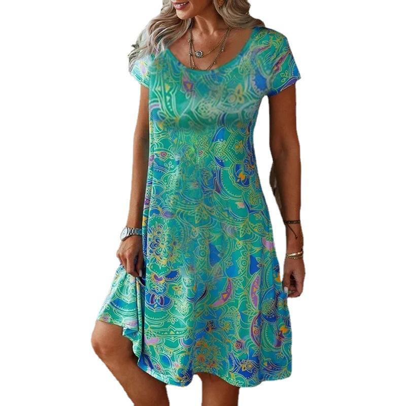 2023 Summer Women's Casual Crewneck Loose Printed Short-sleeved Dress