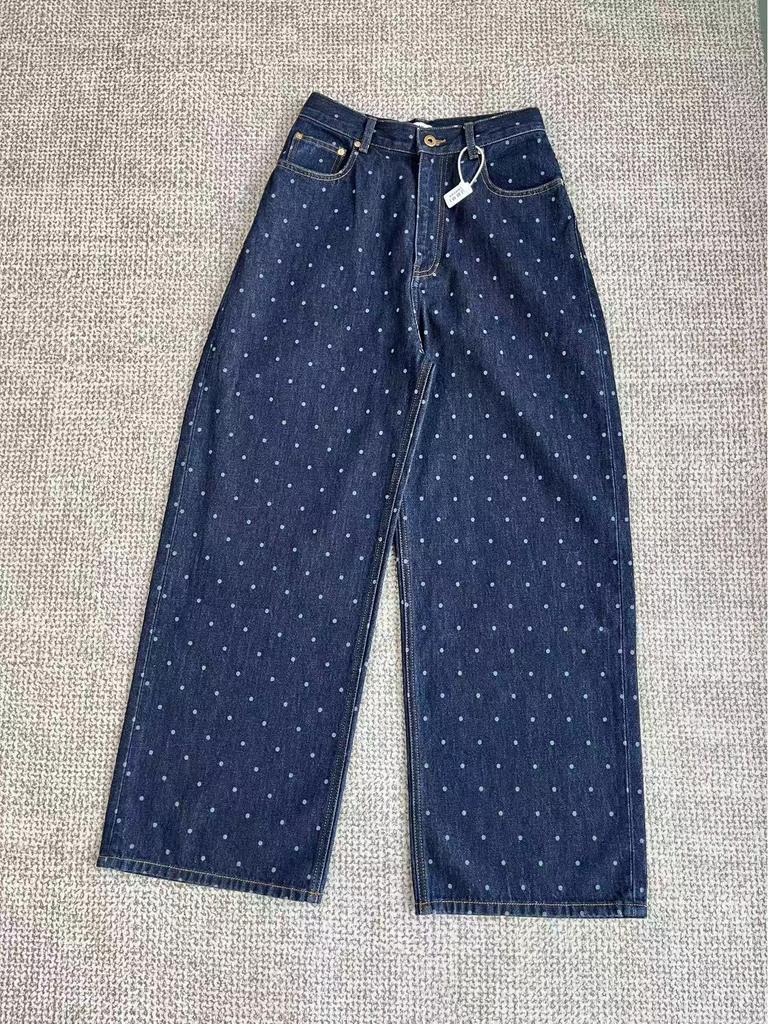 IM2026 Women's High-Waisted Retro Polka Dot Leather Bag Jeans - Slimming, Versatile Wide-Leg Long Pants