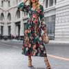 Elegante Abito in Chiffon da Donna con Scollo a V Maniche Lunghe Vita Alta A-Line Lunghezza al Ginocchio Stampa Inverno Autunno