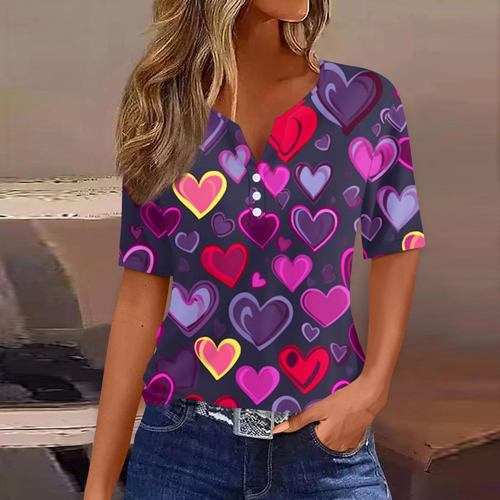 Women's T Shirt Tee Print Button Short Sleeve Daily Weekend Fashion Basic V, Neck Regular Top Valentine's Day