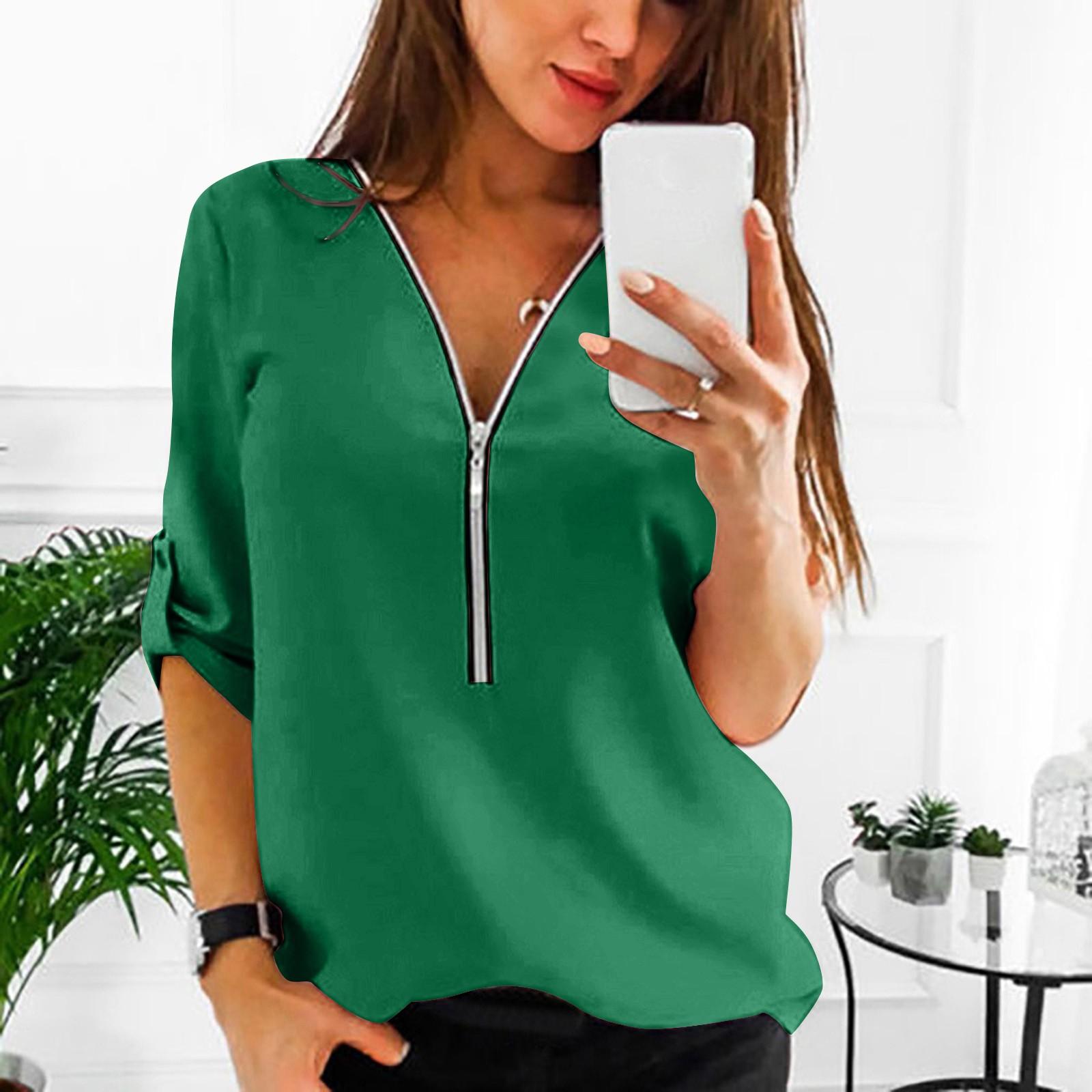 

Женская повседневная однотонная шифоновая рубашка с V-образным вырезом, рукавом семь четвертей и застежкой-молнией XXXL армия зеленый