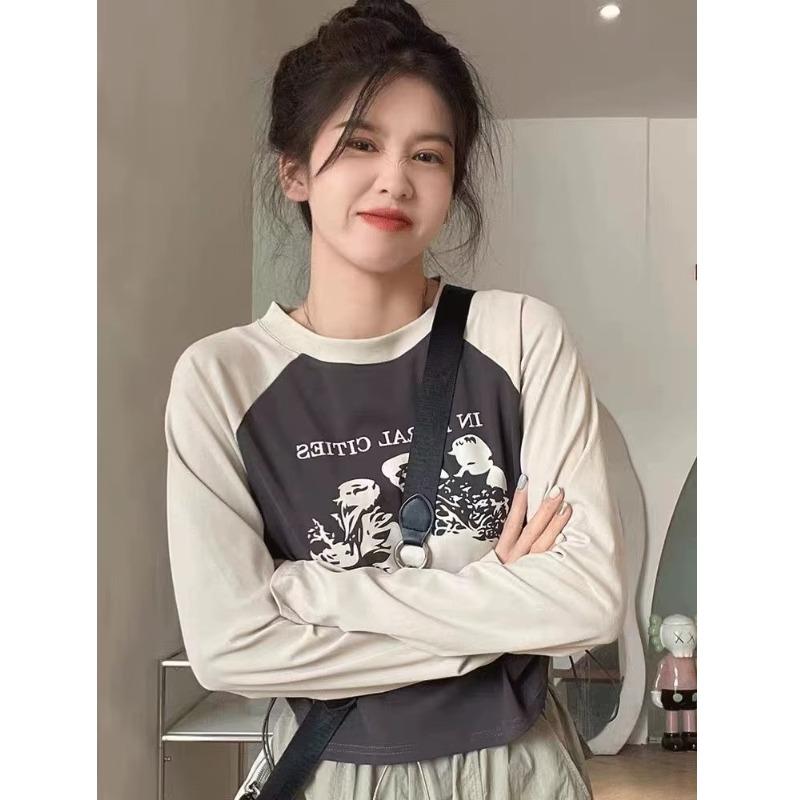 Vintage Klassisk Trykk Langermet T-skjorte Dame Høst Y2k Streetwear Crop Top Casual Harajuku Slim Topper