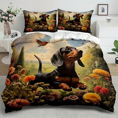Cartoon Dackel Bettwäscheset 3D-gedrucktes Bettbezugset Einzel- Königinengröße Bettbezug mit Kissenbezug Bettset für Kinderzimmer