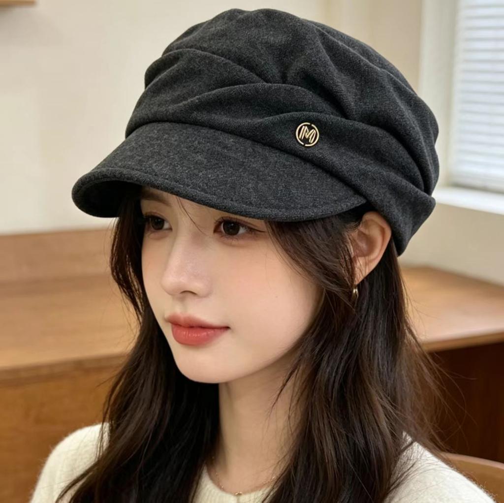 Retro Pleated Solid Color Beret Women's Spring and Summer Thin Fashion Big Head Circumference Showing Face Small Painter Newsboy Hat