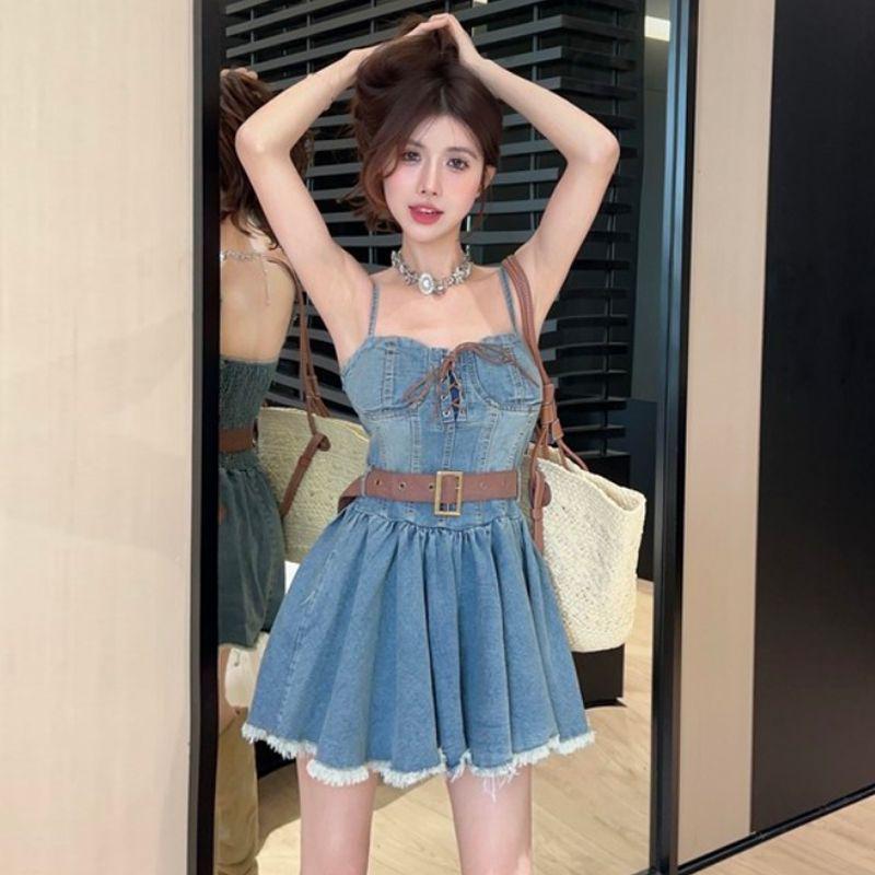 Stylish Plus-Size Strapless Denim Dress: Age-Reducing, Waist-Cinching Suspender Short Skirt for Summer