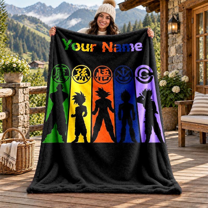 Dragon Ball Custom Name Flannel Blanket Personalized Soft Warm Plush Throw Blanket Customized Gift for Family Friends