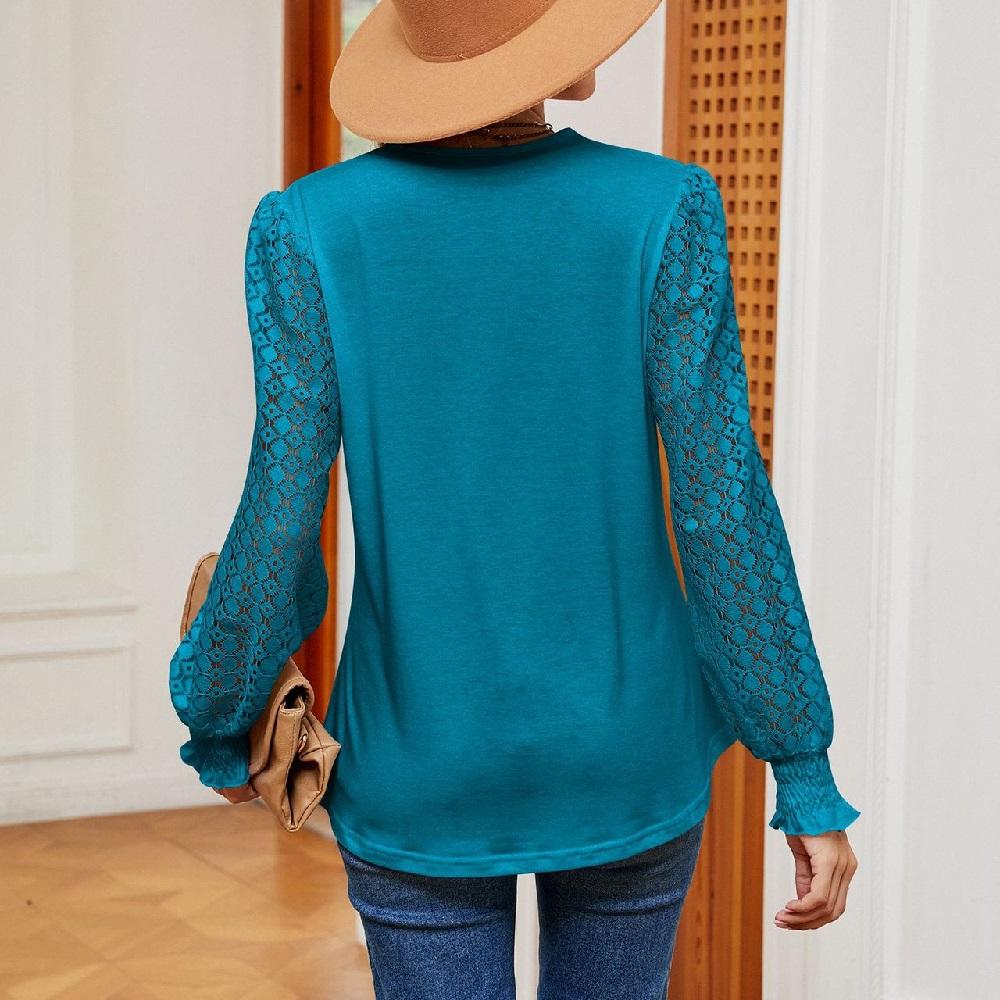 Women Autumn Spring Blouses and Shirts Lace Stitching V-neck Long Sleeve Casual Shirt Tops