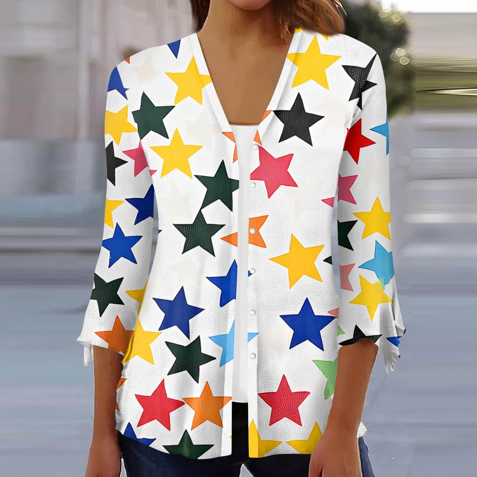 Women s Loose Casual Independence Day Printed Seven Sleeve Button Down Shirt Cardigan Top M жёлтый