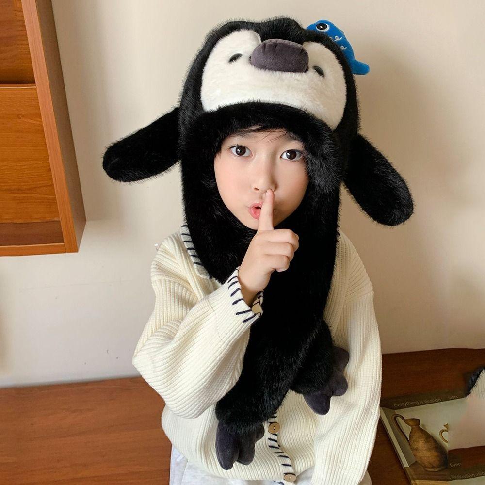 Solid Color Penguin Ear Moving Hat Fluffy Children Plush Pullover Cap  Outdoor Sport